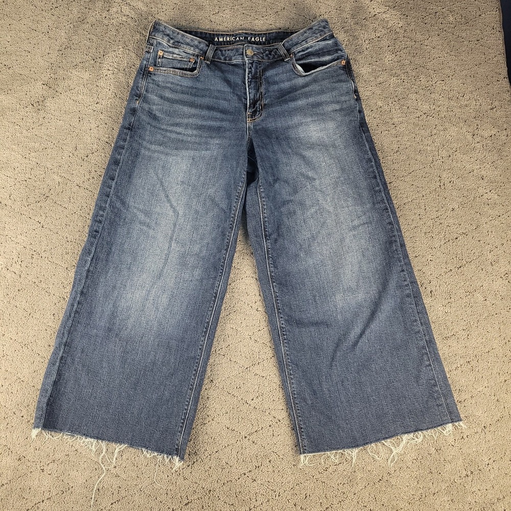 American Eagle Jeans Womens 10L Long‎ Blue Low Rise Baggy Wide Leg Cutoff Crop
